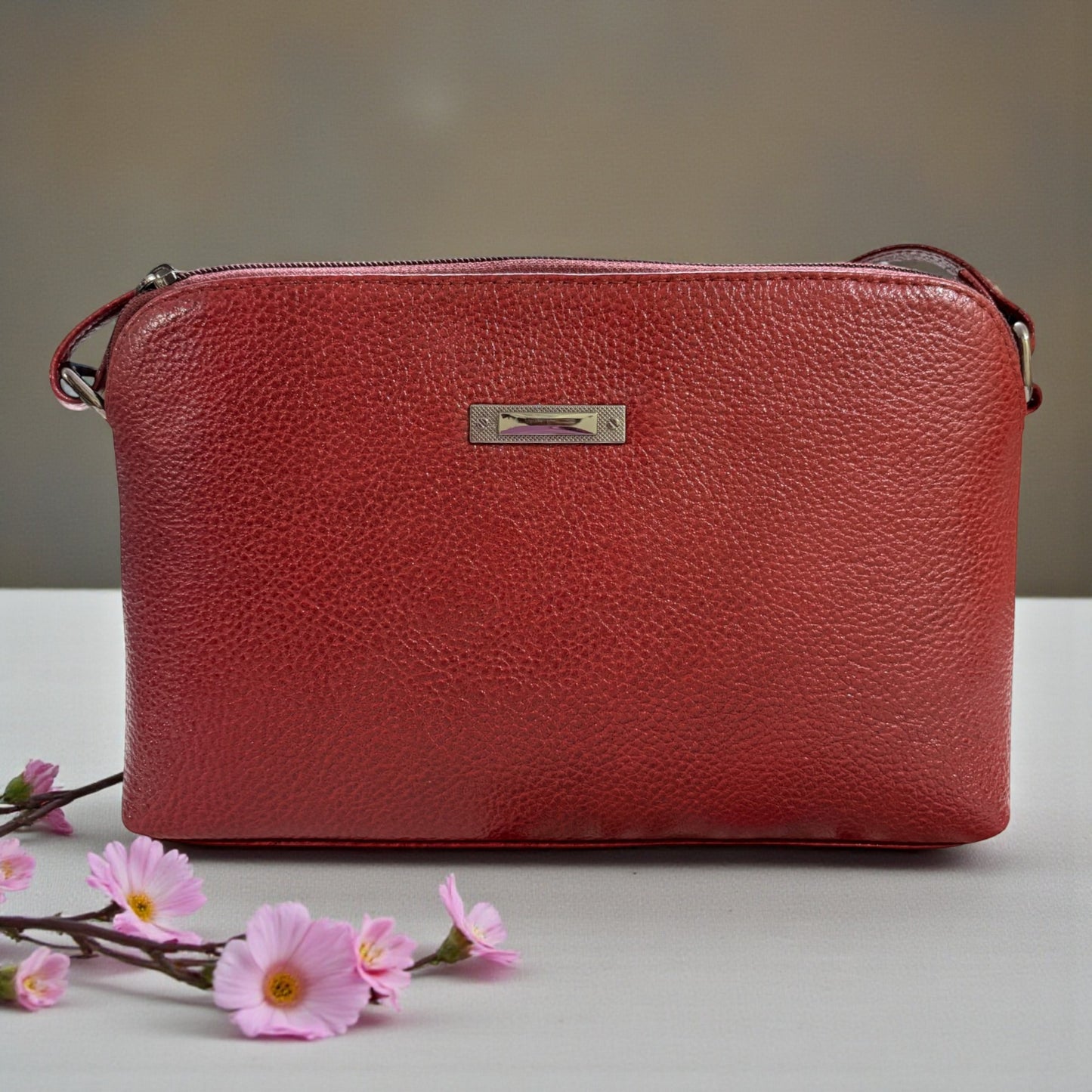 Leather Crossbody Bag, Multiple Compartments, Adjustable Strap (Red)