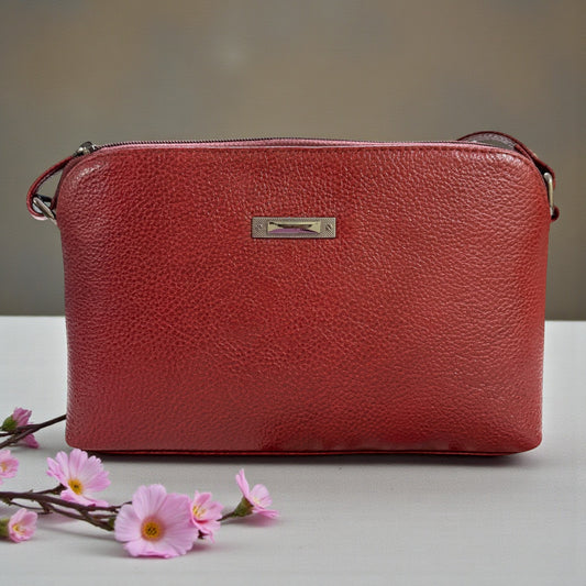 Leather Crossbody Bag, Multiple Compartments, Adjustable Strap (Red)