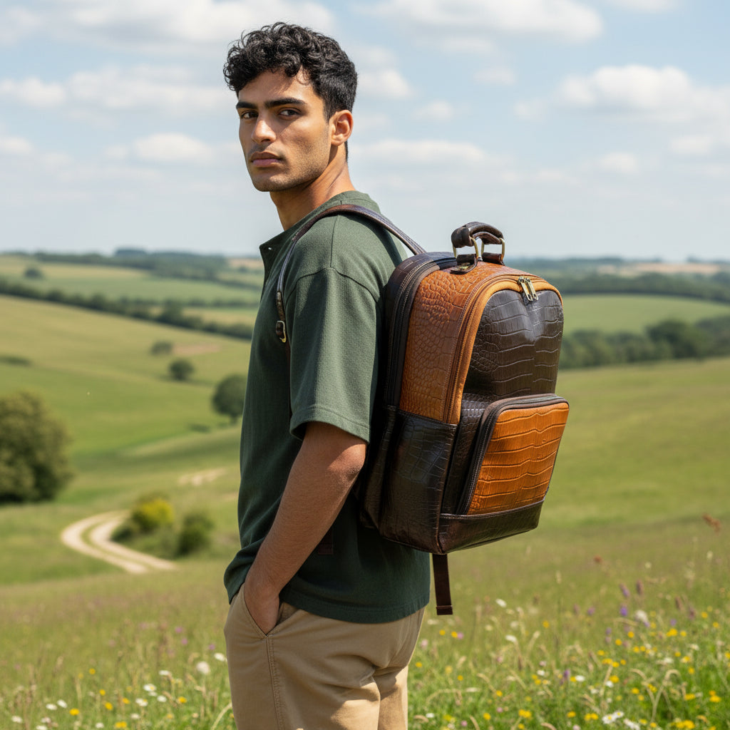 Luxury Crocodile Pattern Leather Backpack, 37x30x12 cm, Multiple Compartments, Brass Hardware (Brown and Tan)