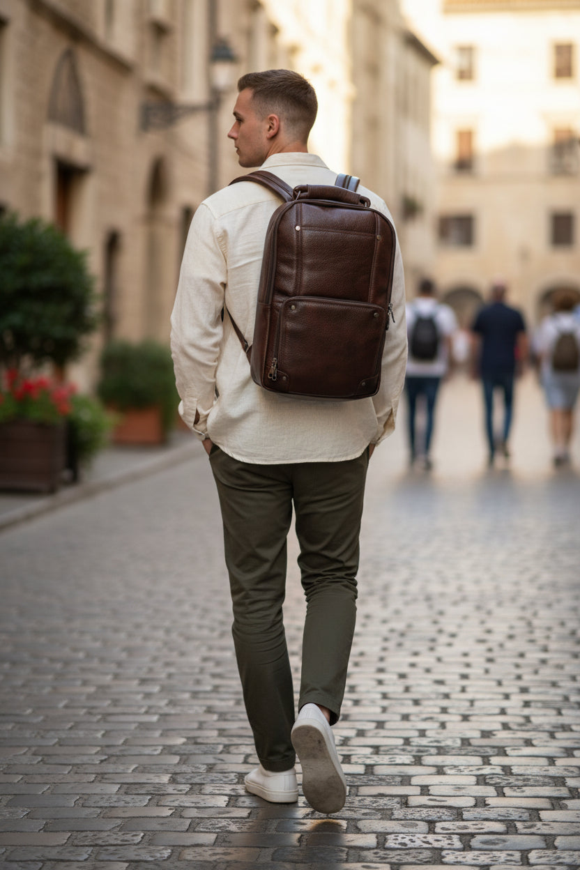Men’s Genuine Leather Backpack with Laptop Compartment | Contrast Stitching & Brass Hardware | Multiple Organizer Pockets | Office, Travel & Business Use | Stylish Daypack (Brown)