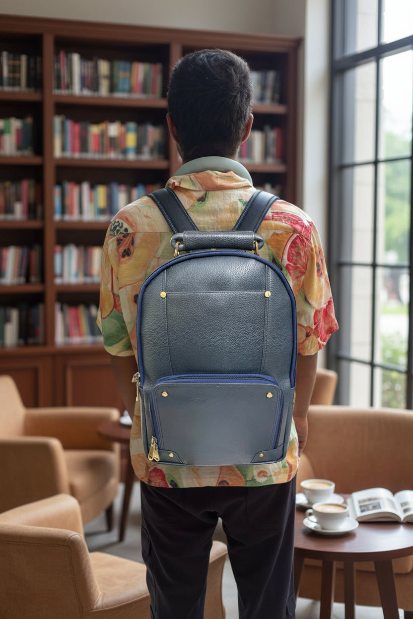 Men’s Genuine Leather Backpack with Laptop Compartment | Contrast Stitching & Brass Hardware | Multiple Organizer Pockets | Office, Travel & Business Use | Stylish Daypack (Blue)