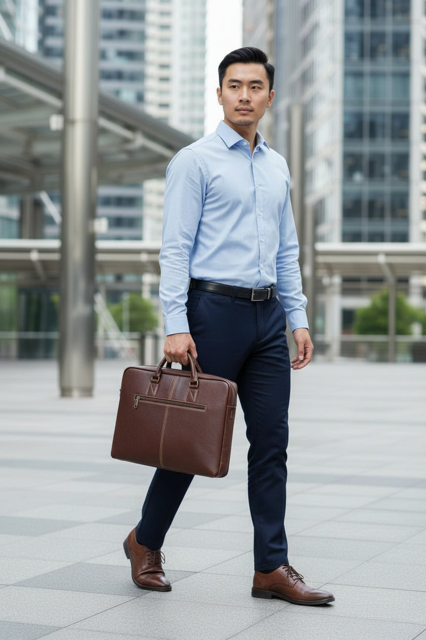 Pure Leather Laptop Bag for Men & Women – 14-Inch Office Bag in Brown with Multiple Compartments, Adjustable Strap, Premium Finish & Contrast Stitching | Unisex Professional Work Satchel - Brown