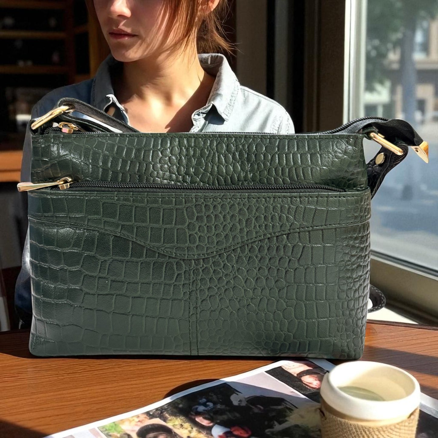 Compact Crossbody Bag, Crocodile Design, Dark Green Genuine Leather, Multi-Compartment with Gold Hardware (Dark Green)